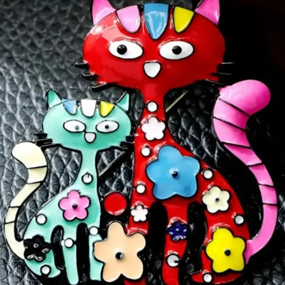 Cute Vibrant Multicolor Enamel Cat Couple Brooch - Small